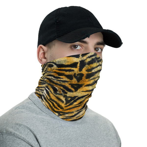 Orange Tiger Striped Neck Gaiter, Animal Print Face Mask Shield, Luxury Premium Quality Cool And Cute One-Size Reusable Washable Scarf Headband Bandana - Made in USA/EU, Face Neck Warmers, Non-Medical Breathable Face Covers, Neck Gaiters, Face Mouth Cloth Coverings  