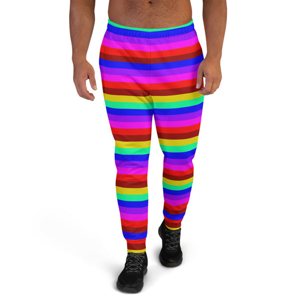 Rainbow Horizontal Stripe Men's Joggers, Gay Pride Vertical Stripes Modern Slim-Fit Designer Ultra Soft & Comfortable Men's Joggers, Men's Jogger Pants-Made in EU (US Size: XS-3XL)