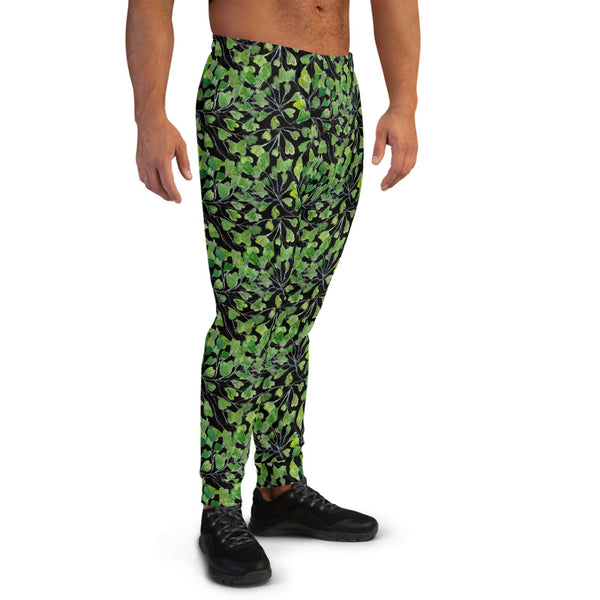 Black Maidenhair Men's Joggers, Green Best Designer Tropical Leaf Print Modern Slim-Fit Designer Ultra Soft & Comfortable Men's Joggers, Men's Jogger Pants-Made in EU/MX (US Size: XS-3XL)