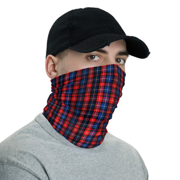 Red Blue Plaid Face Mask Shield, Plaid Tartan Print Luxury Premium Quality Cool And Cute One-Size Reusable Washable Scarf Headband Bandana - Made in USA/EU, Face Neck Warmers, Non-Medical Breathable Face Covers, Neck Gaiters  