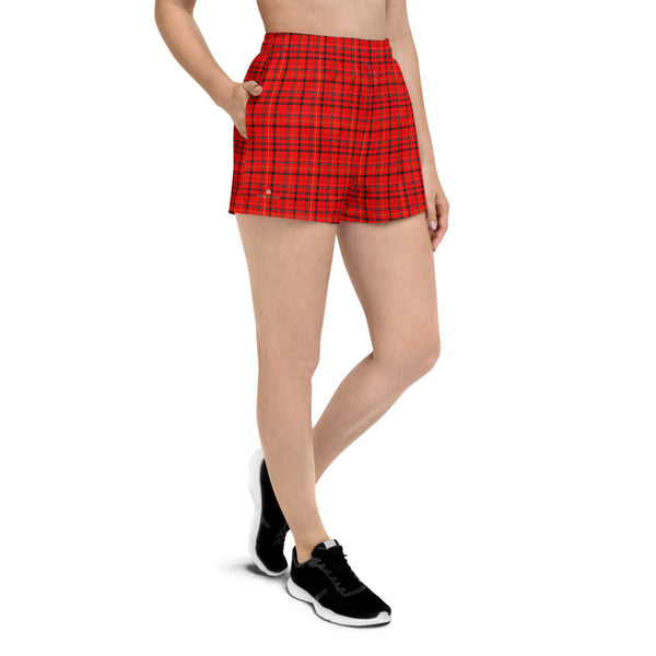  Red Plaid Women's Shorts, Scottish Plaid Tartan Print Designer Best Women's Athletic Running Short Printed Water-Repellent Microfiber Individually Sewn Shorts With Elastic Waistband With A Drawstring And Mesh Side Pockets - Made in USA/EU (US Size: XS-3XL) Running Shorts Womens, Printed Running Shorts, Plus Size Available, Perfect for Running and Swimming 