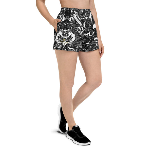 Marbled Women's Shorts, Black Marbled Print Designer Best Women's Athletic Running Short Printed Water-Repellent Microfiber Individually Sewn Shorts With Elastic Waistband With A Drawstring And Mesh Side Pockets - Made in USA/EU (US Size: XS-3XL) Running Shorts Womens, Printed Running Shorts, Plus Size Available, Perfect for Running and Swimming 