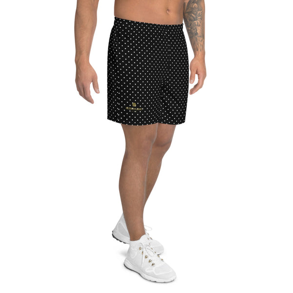 Dotted Men's Athletic Long Shorts, Black White Polka Dots Shorts-Made in EU-Heidi Kimura Art LLC-Heidi Kimura Art LLC