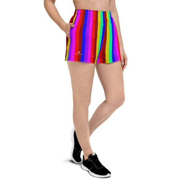 Gay Pride Shorts, Rainbow Stripe LGBTQ Friendly Print Designer Best Women's Athletic Running Short Printed Water-Repellent Microfiber Individually Sewn Shorts With Elastic Waistband With A Drawstring And Mesh Side Pockets - Made in USA/EU (US Size: XS-3XL) Running Shorts Womens, Printed Running Shorts, Plus Size Available, Perfect for Running and Swimming 