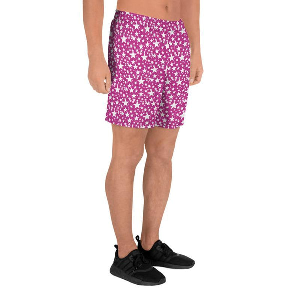 Pink White Stars Shapes Pattern Print Men's Athletic Long Shorts Bottom Pants - Made in EU-Men's Long Shorts-Heidi Kimura Art LLC