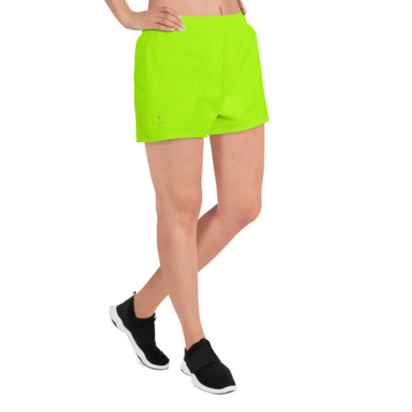 Neon Green Women's Shorts, Modern Solid Color Designer Best Women's Athletic Running Short Printed Water-Repellent Microfiber Individually Sewn Shorts With Elastic Waistband With A Drawstring And Mesh Side Pockets - Made in USA/EU (US Size: XS-3XL) Running Shorts Womens, Printed Running Shorts, Plus Size Available, Perfect for Running and Swimming 