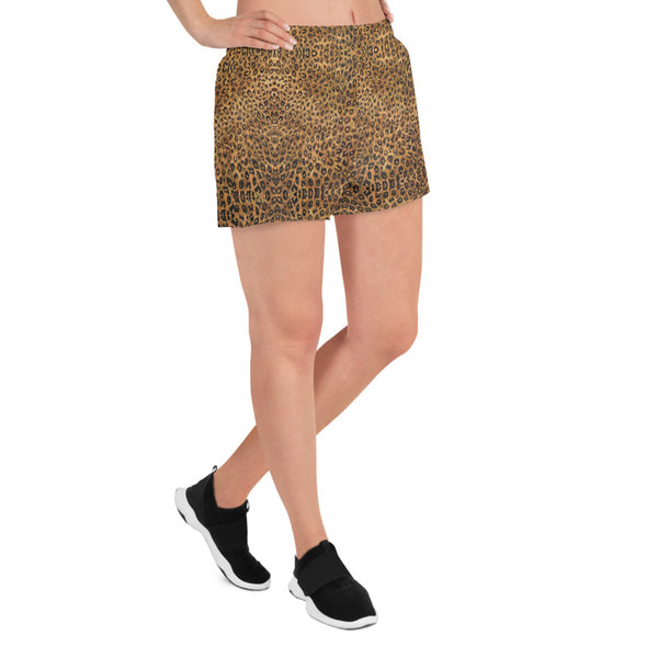 Leopard Women's Shorts, Animal Print Pattern Designer Best Women's Athletic Running Short Printed Water-Repellent Microfiber Individually Sewn Shorts With Elastic Waistband With A Drawstring And Mesh Side Pockets - Made in USA/EU (US Size: XS-3XL) Running Shorts Womens, Printed Running Shorts, Plus Size Available, Perfect for Running and Swimming 