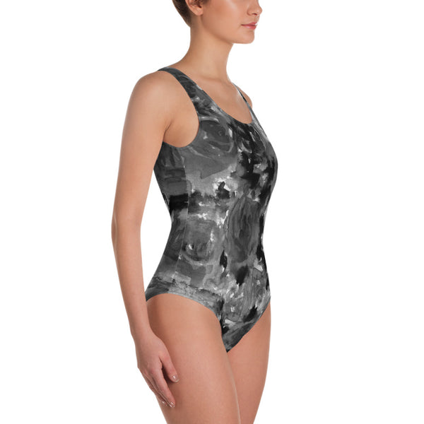 Grey Rose One-Piece Swimsuit, Abstract Rose Floral Print Women's Swimwear-Heidi Kimura Art LLC-Heidi Kimura Art LLC