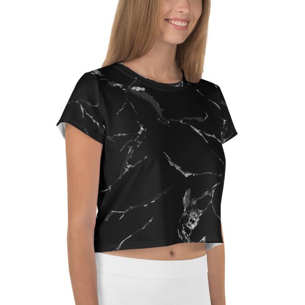 Black Marble Crop Tee, Marble Print Cropped Short T-Shirt Outfit, Crop Tee Top Women's T-Shirt, Made in Europe, (US Size: XS-3XL) Plus Size Available 