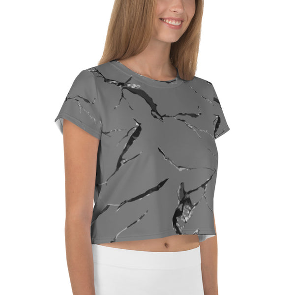 Grey Marble Crop Tee, Marble Print Cropped Short T-Shirt Outfit, Crop Tee Top Women's T-Shirt, Made in Europe, (US Size: XS-3XL) Plus Size Available 