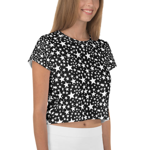 White Star Pattern Crop Tee, Star Print Best Cropped Short T-Shirt Outfit, Crop Tee Top Women's T-Shirt, Made in Europe, (US Size: XS-3XL) Plus Size Available 