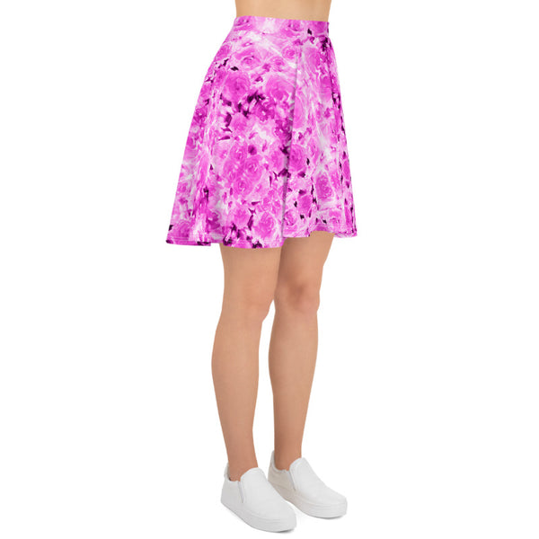 Pink Rose Floral Skater Skirt, Floral Print High-Waisted Mid-Thigh Women's Tennis A-Line Skater Skirt, Plus Size Available - Made in USA/EU (US Size: XS-3XL)  