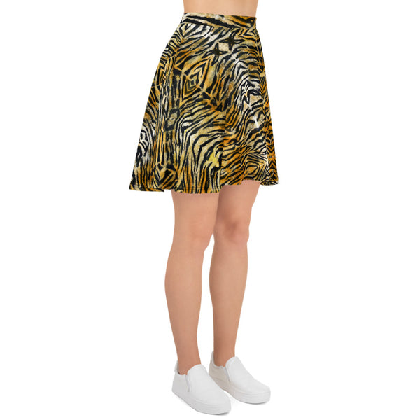 Orange Tiger Striped Skater Skirt, Best Tiger Animal Print Print A-Line Tennis Skirt, High-Waisted Mid-Thigh Women's Skater Skirt, Plus Size Available - Made in USA/EU (US Size: XS-3XL) Animal Print skirt, Tiger Print Skater Skirt, Tiger Skater Skirt