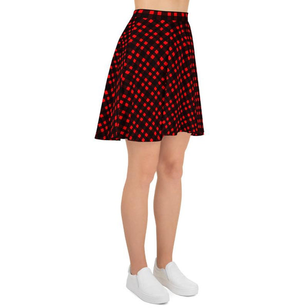 Buffalo Red Plaid Flannel Print Women's Skater Skirt- Made in USA/EU (US Size:XS-3XL)-Skater Skirt-Heidi Kimura Art LLC