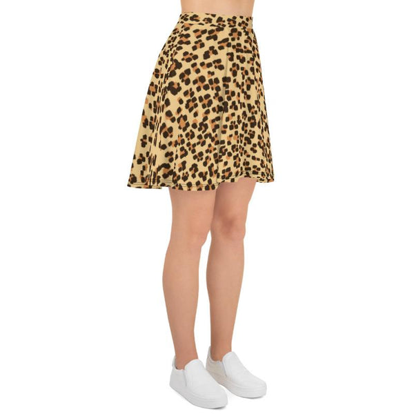 Leopard Print Women's Skater Skirt, Brown Animal Print Mid-Thigh Skirt-Made in USA/EU-Skater Skirt-Heidi Kimura Art LLC