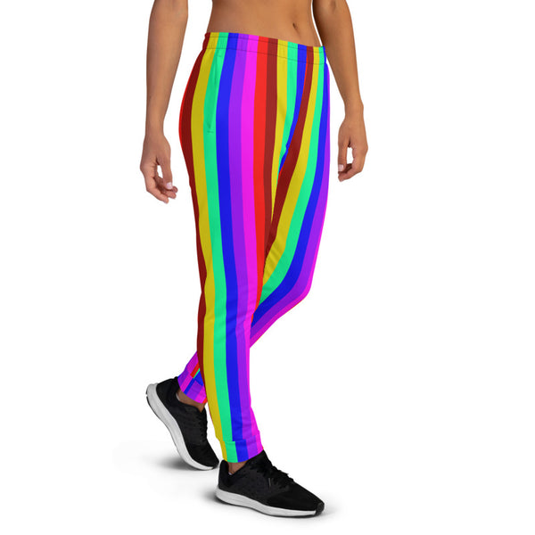 Rainbow Stripe Women's Joggers, Best LGBTQ Friendly Gay Pride Skinny Sweatpants-Made in EU