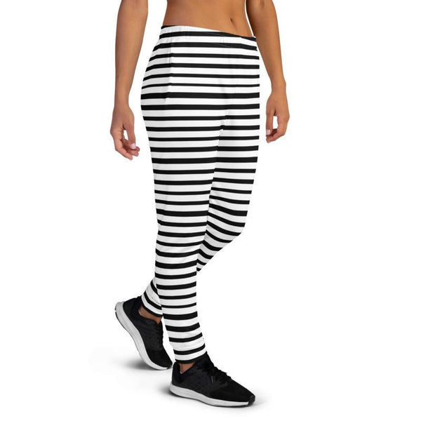 Black White Horizontal Stripe Print Casual Women's Joggers Sweatpants- Made in USA/EU-Women's Joggers-Heidi Kimura Art LLC