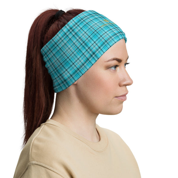 Light Blue Plaid Face Mask Shield, Plaid Tartan Print Luxury Premium Quality Cool And Cute One-Size Reusable Washable Scarf Headband Bandana - Made in USA/EU, Face Neck Warmers, Non-Medical Breathable Face Covers, Neck Gaiters  
