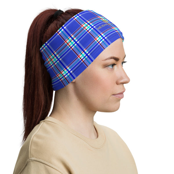 Pastel Blue Plaid Neck Gaiter, Tartan Print Luxury Premium Quality Cool And Cute One-Size Reusable Washable Scarf Headband Bandana - Made in USA/EU, Face Neck Warmers, Non-Medical Breathable Face Covers, Neck Gaiters  