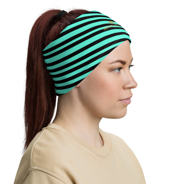 Turquoise Blue Striped Neck Gaiter, Modern Sporty Luxury Premium Quality Cool And Cute One-Size Reusable Washable Scarf Headband Bandana - Made in USA/EU, Face Neck Warmers, Non-Medical Breathable Face Covers, Neck Gaiters  