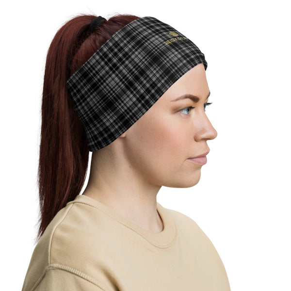 Black Plaid Face Mask Shield, Plaid Tartan Print Luxury Premium Quality Cool And Cute One-Size Reusable Washable Scarf Headband Bandana - Made in USA/EU, Face Neck Warmers, Non-Medical Breathable Face Covers, Neck Gaiters  