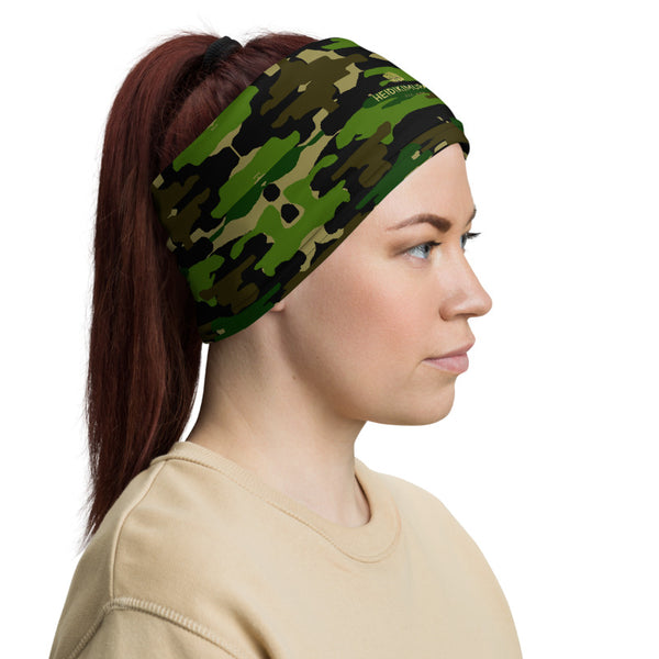 Green Camo Face Mask Shield, Army Camouflage Military Print Luxury Premium Quality Cool And Cute One-Size Reusable Washable Scarf Headband Bandana - Made in USA/EU, Face Neck Warmers, Non-Medical Breathable Face Covers, Neck Gaiters  