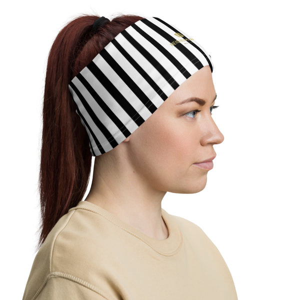 Black Striped Face Mask Shield, White Black Vertical Stripe Print Luxury Premium Quality Cool And Cute One-Size Reusable Washable Scarf Headband Bandana - Made in USA/EU, Face Neck Warmers, Non-Medical Breathable Face Covers, Neck Gaiters  