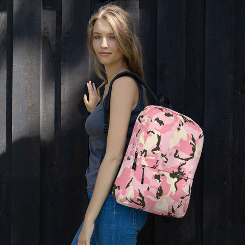 Pink Camo Camouflage Print Unisex Water Resistant Designer Backpack- Made in USA/ EU-Backpack-Heidi Kimura Art LLCPink Camo Print Backpack, Pink Camo Camouflage Print Unisex Water Resistant Designer Medium Size (Fits 15" Laptop) Water Resistant College Unisex Backpack for Travel/ School/ Work - Made in USA/ Europe