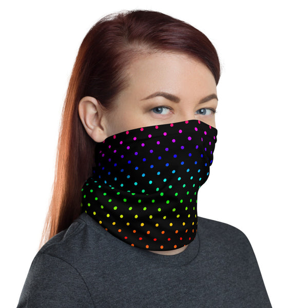 Black Rainbow Dots Neck Gaiter, Polka Dots Print Luxury Premium Quality Cool And Cute One-Size Reusable Washable Scarf Headband Bandana - Made in USA/EU, Face Neck Warmers, Non-Medical Breathable Face Covers, Neck Gaiters  