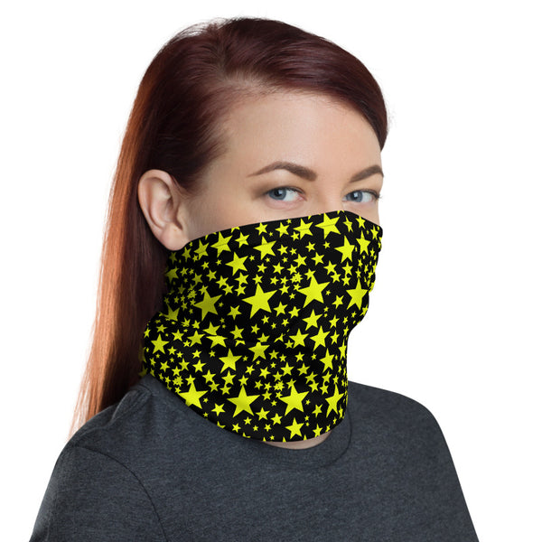 Yellow Black Stars Face Mask Coverings, Star Pattern Print Luxury Premium Quality Cool And Cute One-Size Reusable Washable Scarf Headband Bandana - Made in USA/EU, Face Neck Warmers, Non-Medical Breathable Face Covers, Neck Gaiters, Non-Medical Face Coverings 