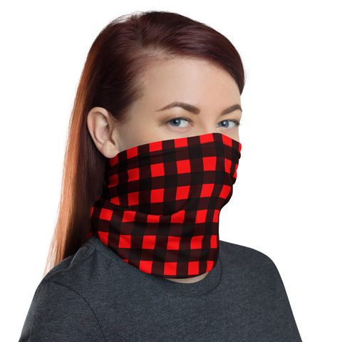Red Buffalo Face Mask, Plaid Print Luxury Premium Quality Cool And Cute One-Size Reusable Washable Scarf Headband Bandana - Made in USA/EU, Face Neck Warmers, Non-Medical Breathable Face Covers, Neck Gaiters  