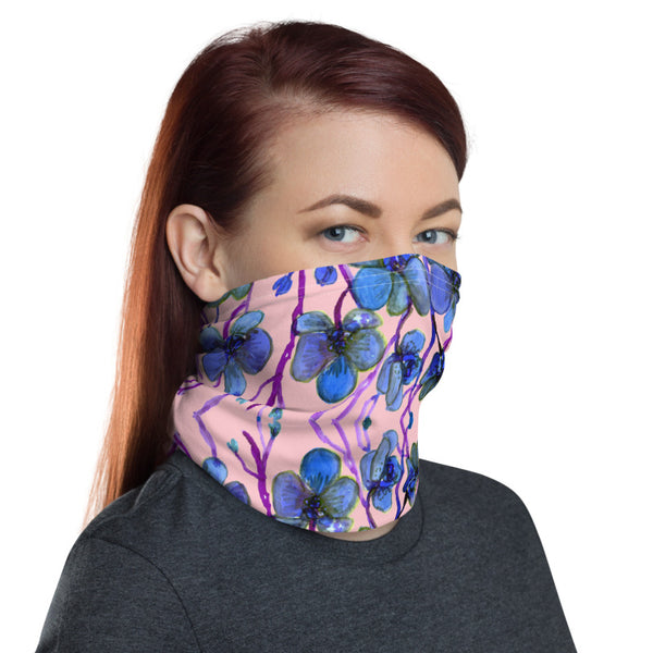 Pink Blue Orchids Floral Face Mask, Reusable Washable Neck Gaiter-Heidi Kimura Art LLC-Heidi Kimura Art LLC Blue Pink Orchids Face Mask, Orchid Flower Floral Print Luxury Premium Quality Cool And Cute One-Size Reusable Washable Scarf Headband Bandana - Made in USA/EU, Face Neck Warmers, Non-Medical Breathable Face Covers, Neck Gaiters  
