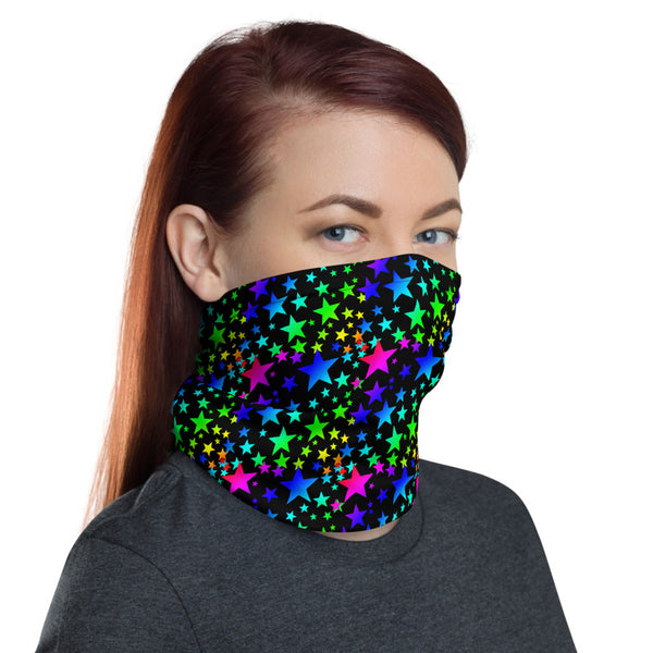 Rainbow Stars Star Face Mask, Black Rainbow Star Pattern Print Luxury Premium Quality Cool And Cute One-Size Reusable Washable Scarf Headband Bandana - Made in USA/EU, Face Neck Warmers, Non-Medical Breathable Face Covers, Neck Gaiters  