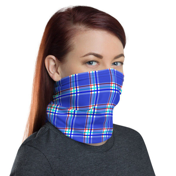 Pastel Blue Plaid Neck Gaiter, Tartan Print Luxury Premium Quality Cool And Cute One-Size Reusable Washable Scarf Headband Bandana - Made in USA/EU, Face Neck Warmers, Non-Medical Breathable Face Covers, Neck Gaiters  