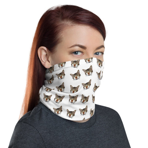 Cat White Face Mask Shield, Luxury Premium Quality Cool And Cute One-Size Reusable Washable Scarf Headband Bandana - Made in USA/EU, Face Neck Warmers, Non-Medical Breathable Face Covers, Neck Gaiters  