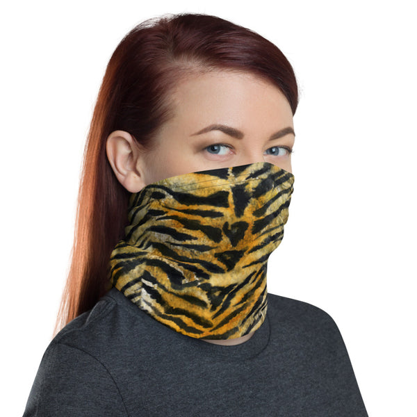 Orange Tiger Striped Neck Gaiter, Animal Print Face Mask Shield, Luxury Premium Quality Cool And Cute One-Size Reusable Washable Scarf Headband Bandana - Made in USA/EU, Face Neck Warmers, Non-Medical Breathable Face Covers, Neck Gaiters, Face Mouth Cloth Coverings  