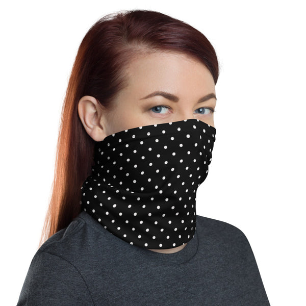 Black Dotted Neck Gaiter, White Polka Dots Face Mask, Bandanna-Made in USA/EU-Neck Gaiter-Printful-Heidi Kimura Art LLC