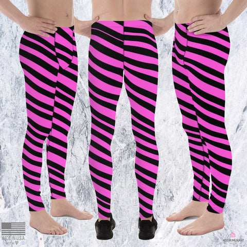 Black & Pink Striped Meggings, Diagonally Striped Men's Running Tights- Made in USA/EU-Men's Leggings-Heidi Kimura Art LLC