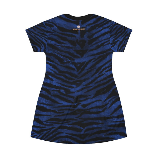 Navy Blue Tiger Stripe Animal Print Designer Long Crew Neck T-shirt Dress-Made in USA-T-Shirt Dress-Heidi Kimura Art LLC