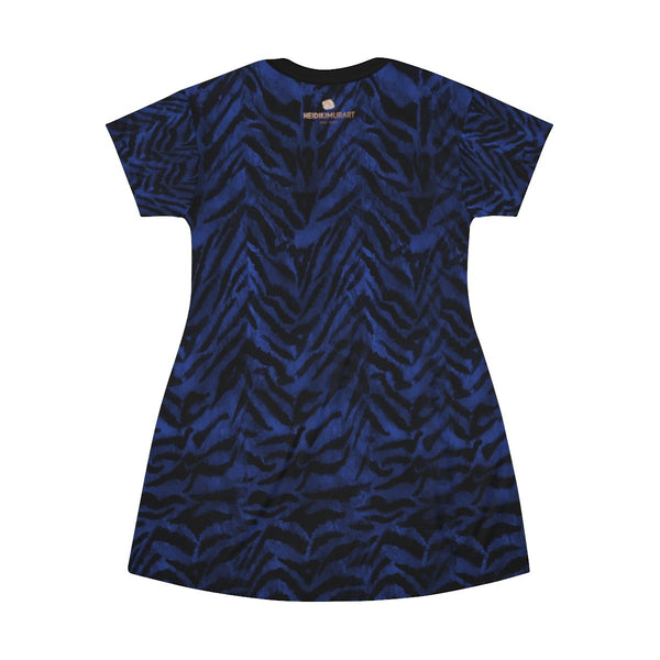 Chic Navy Blue Tiger Stripe Animal Print Designer Crew Neck T-shirt Dress-Made in USA-T-Shirt Dress-Heidi Kimura Art LLC
