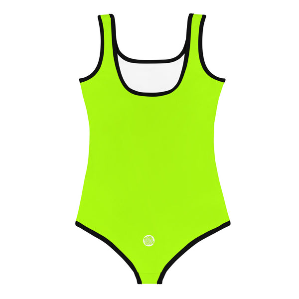 Neon Green Girl's Swimsuit, Bright Light Green Solid Print Kids Swimwear-Made in USA/EU-Kid's Swimsuit (Girls)-Heidi Kimura Art LLC