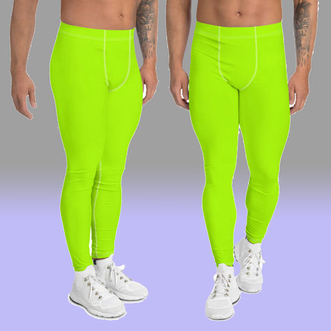 Neon Green Men's Leggings, Bright Premium Fun Rave Modern Minimalist Solid Color Print Premium Classic Elastic Comfy Men's Leggings Fitted Tights Pants - Made in USA/EU (US Size: XS-3XL) Spandex Meggings Men's Workout Gym Tights Leggings, Compression Tights, Kinky Fetish Men Pants