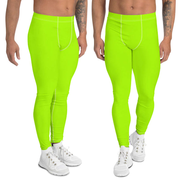 Neon Green Men's Leggings, Bright Premium Fun Rave Modern Minimalist Solid Color Print Premium Classic Elastic Comfy Men's Leggings Fitted Tights Pants - Made in USA/EU (US Size: XS-3XL) Spandex Meggings Men's Workout Gym Tights Leggings, Compression Tights, Kinky Fetish Men Pants