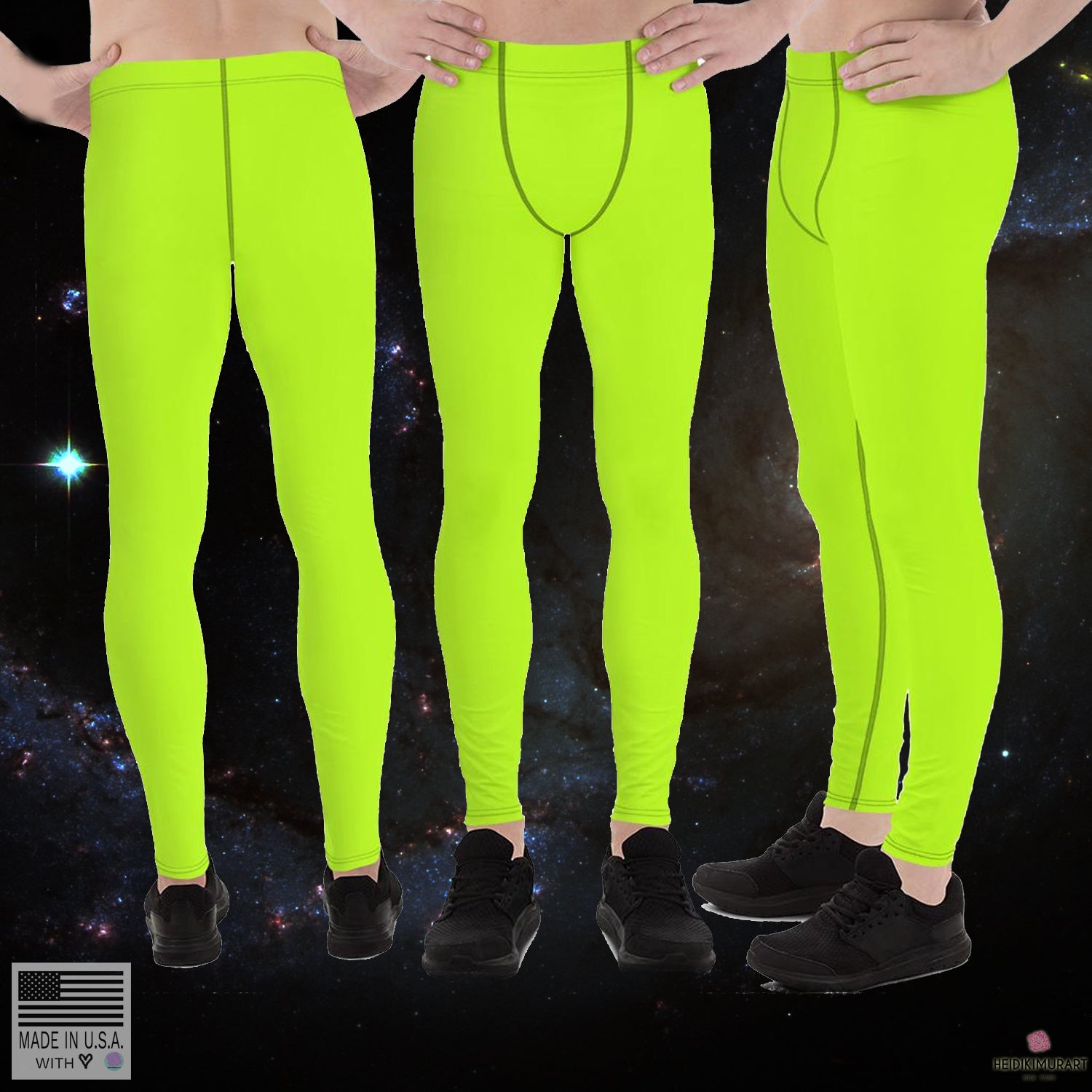 Neon Green Color Men's Leggings, Bright Green Solid Color Designer