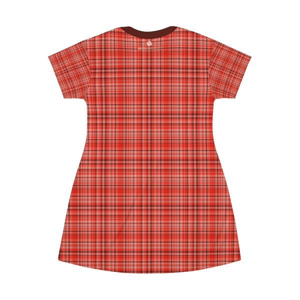 Orange Red Plaid Tartan Print Designer Crew Neck T-shirt Dress-Made in USA-T-Shirt Dress-Heidi Kimura Art LLC