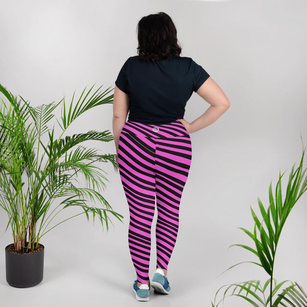 Hot Pink Black Diagonal Stripe Print Women's Plus Size Leggings - Made in USA (US Size: 2XL-6XL)-Women's Plus Size Leggings-Heidi Kimura Art LLC