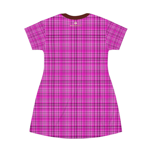 Pink Plaid Tartan Print Designer Crew Neck Long T-shirt Dress-Made in USA-T-Shirt Dress-Heidi Kimura Art LLC