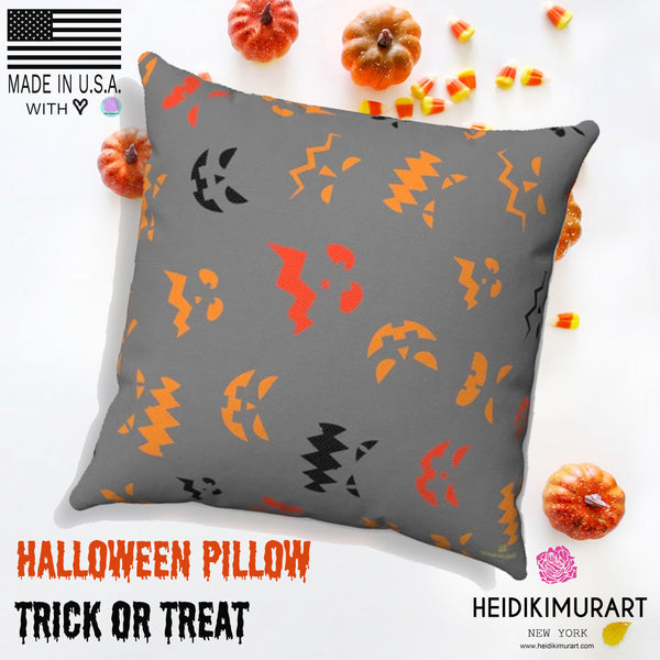 Pumpkin Face Gray Spooky Halloween Premium Spun Polyester Square Pillow-Made in USA-Pillow-Heidi Kimura Art LLC