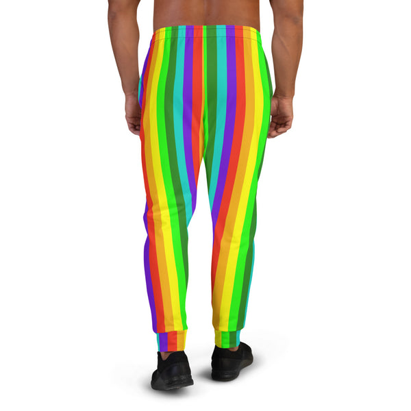 Bright Rainbow Men's Joggers, Striped Print Gay Pride Vertical Stripes Modern Slim-Fit Designer Ultra Soft & Comfortable Men's Joggers, Men's Jogger Pants-Made in EU (US Size: XS-3XL)