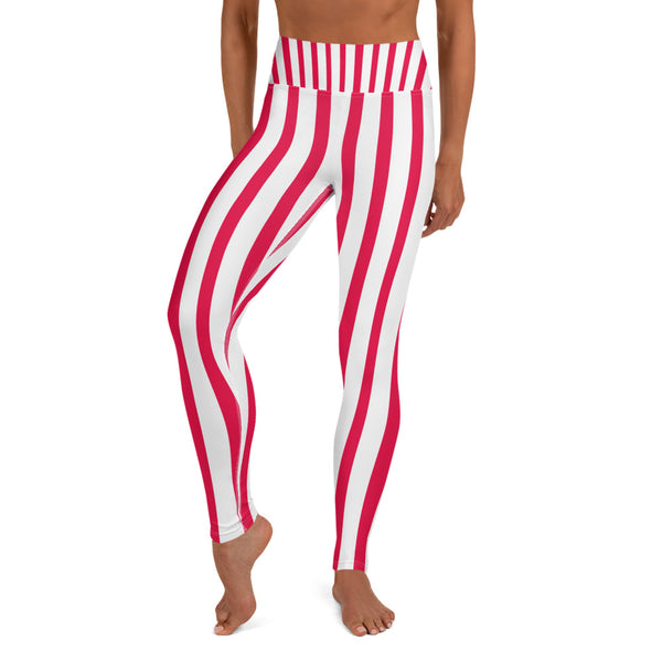 Women's White & Red Stripe Active Wear Fitted Leggings - Made in USA-Leggings-Heidi Kimura Art LLC